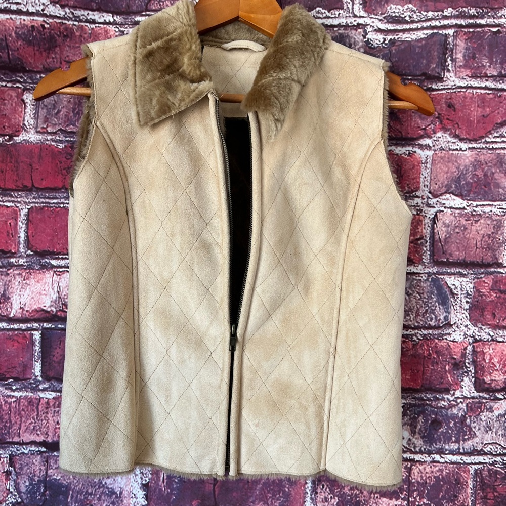 Faux Suede Shearling Quilted Diamond Zip Vest Small S